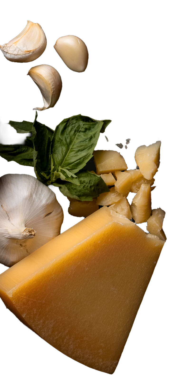 Chef-inspired ingredients including garlic, cheese, and herbs