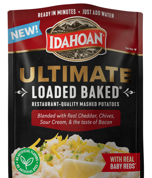 Open pouch of Idahoan Ultimate Loaded Baked mashed potatoes