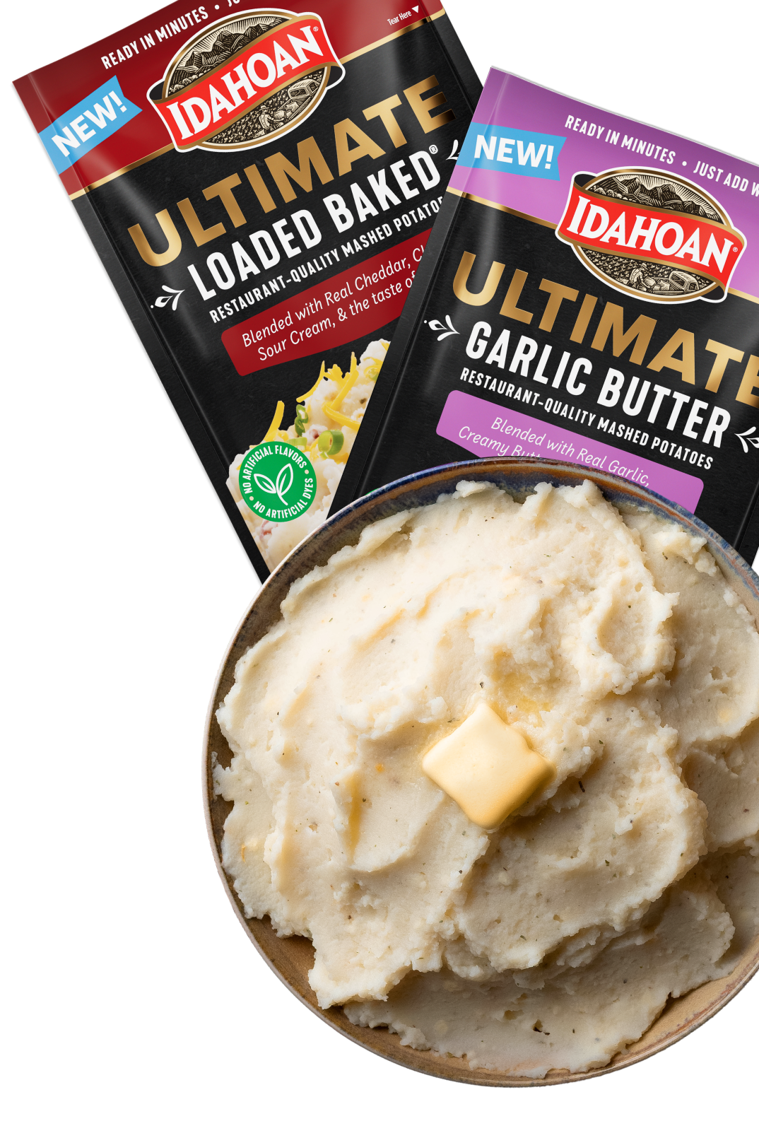Idahoan Ultimate Loaded Baked and Garlic Butter pouches with a bowl of mashed potatoes