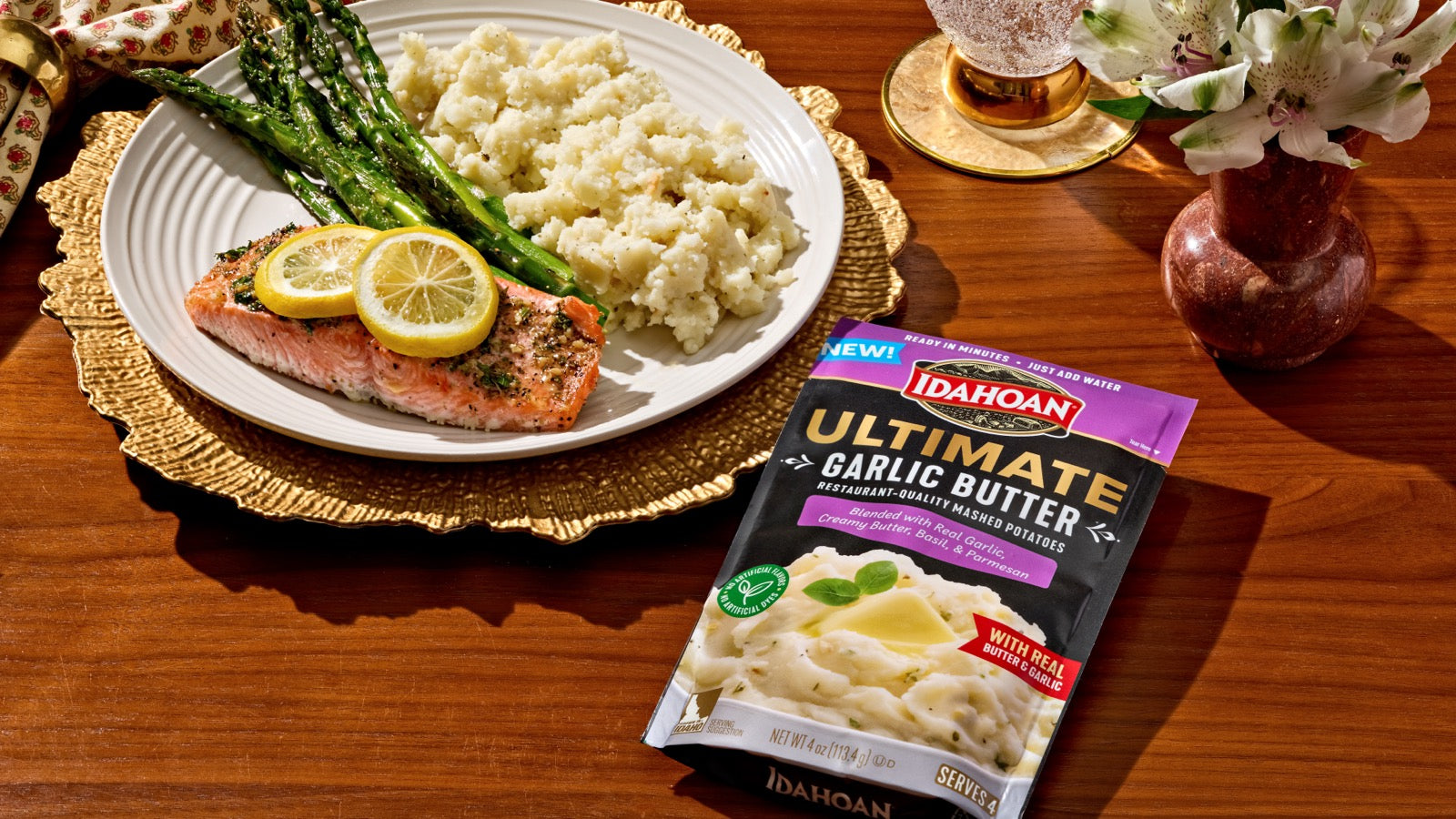 Plate of garlic butter mashed potatoes with roasted vegetables