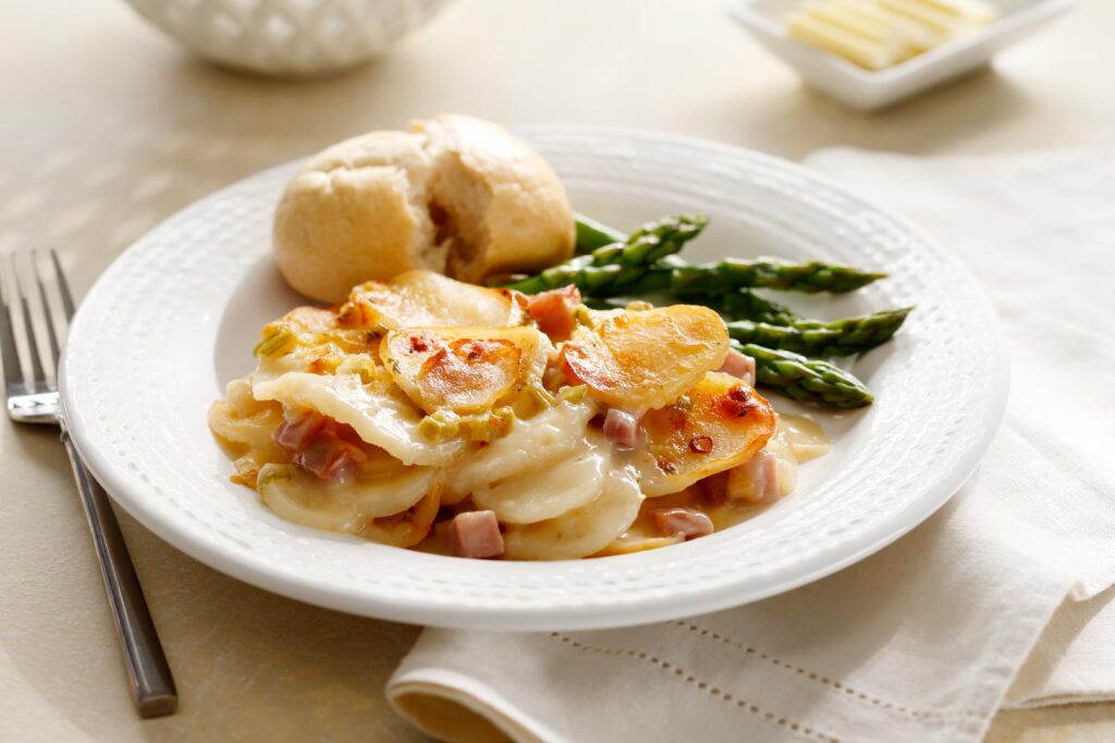 This recipe makes an easy Easter solution by combining ham and scalloped potatoes in one dish.