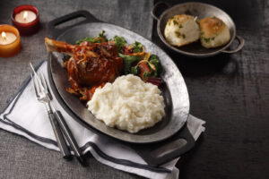 Hoisin Roasted Pork with Steamed Greens and Idahoan® Classic Mashed Potatoes