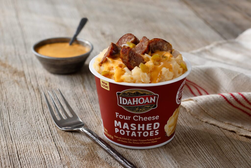 Idahoan Four Cheese Mashed Potatoes Cups with Peppers, Brats & Nacho Cheese Sauce