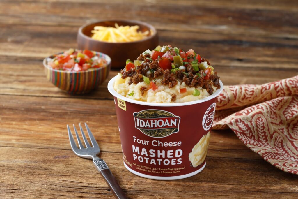 Idahoan Four Cheese Mashed Potatoes Cups with Taco Meat & Pico