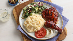 Mashed Potatoes with BBQ Chicken and Kale Slaw