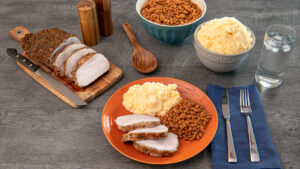 Idahoan Four Cheese Mashed Potatoes with pork loin and beans